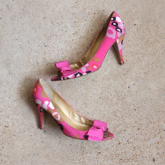 J.Crew Shoes - J.Crew Pink Floral Bow Peep Toe Heels Size 9 Italian Made Y2K Coquette